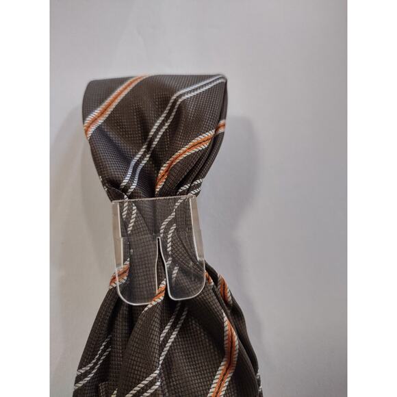 Adrienne Vittadini Tie Brown, Diagonal Orange Stripes With Tie Clip Fall Colors - Picture 7 of 10